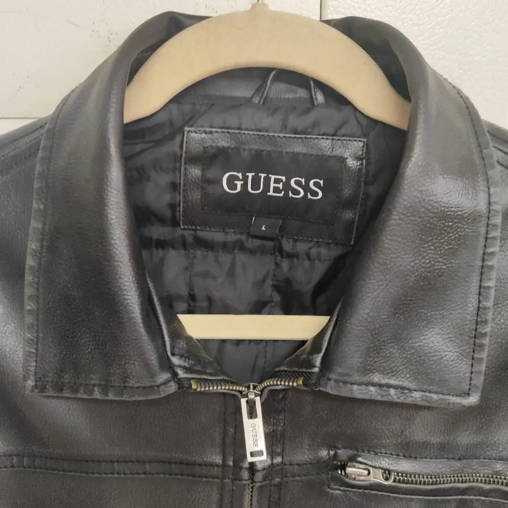 GUESS Men's Faux Leather Moto Jacket Black - Size Large - Full Zip